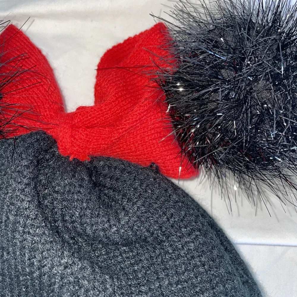 Disney Minnie Mouse Beanie Black Sparkling Fuzzy‎ Ears Red Bow With  Rhinestones